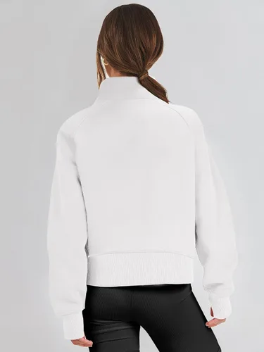 Vista 5 de ANRABESS Sudaderas recortadas para mujer, con media cremallera, forro polar, con cremallera de un cuarto, ropa de otoño 2023, suéter con agujero