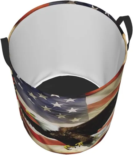 Vista 3 de Cesta circular con estampado de bandera estadounidense con águila moscada, impermeable, cesta organizadora de lavandería, con asas, para ropa