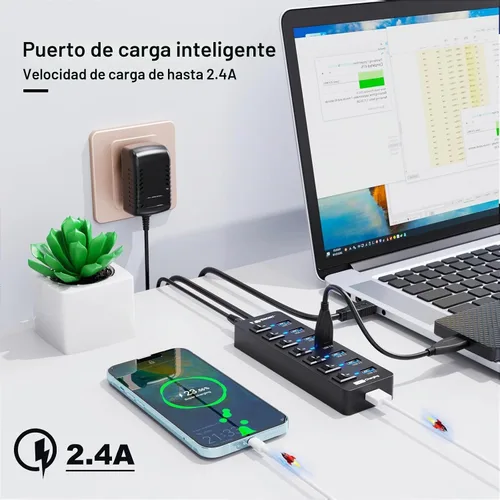 Vista 3 de Hub USB 3.0 alimentado, concentradores VEMONT de 7 puertos múltiples USB y 1 puerto de carga inteligente USB con fuente de alimentación de 5 V/3 A