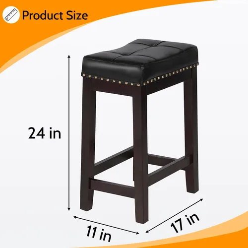 Vista 3 de PayLessHere Juego de 2 taburetes de bar de piel sintética para encimera de cocina, taburete de madera maciza de 24 pulgadas de altura