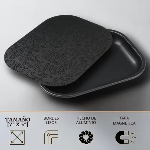 Vista 3 de Juego de Bandeja Rodante Negra con Tapa Magnética 7"x5" - Accesorios para Fumar de Gray Oval