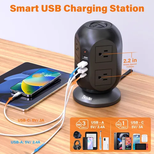 Vista 3 de Regleta protectora de sobretensiones con 8 salidas de CA, 4 puertos USB (1 USB C), cable de extensión plano de 10 pies con múltiples tomas, estación