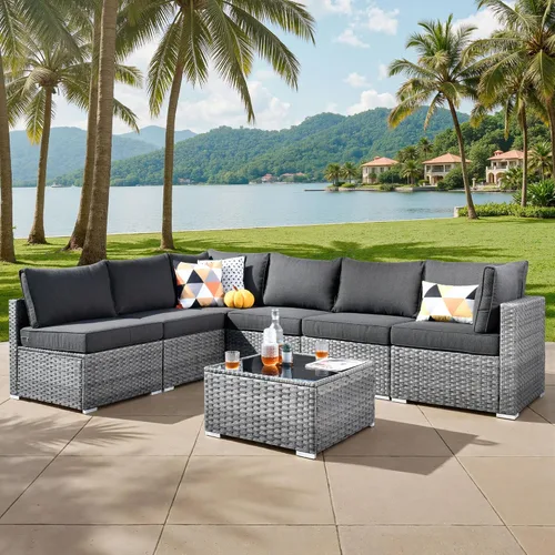 Vista 14 de ovios Juego de muebles de patio al aire libre de 5 piezas con mesa de café, conjunto seccional de muebles de patio con sofá de mimbre para todo tipo