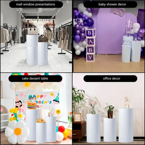 Vista 2 de Juego de 3 mesas cilíndricas de metal para fiestas, juego de 3 mesas cilíndricas decorativas para fiestas, pedestales de exhibición, pilares