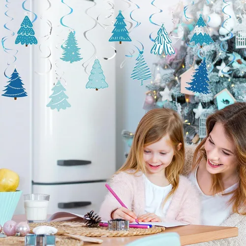 Vista 4 de Colarr Paquete de 50 remolinos colgantes de invierno para decoración de árbol azul, remolinos de techo, espirales en espiral, adornos para aula