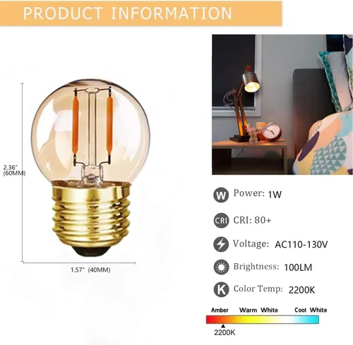 Vista 2 de Bombilla LED G40 G14.5 E26 ámbar de 1 W, bombilla Edison de bajo vatio, 10 W, blanco cálido, 2200 K, bombilla LED vintage para ventilador de techo