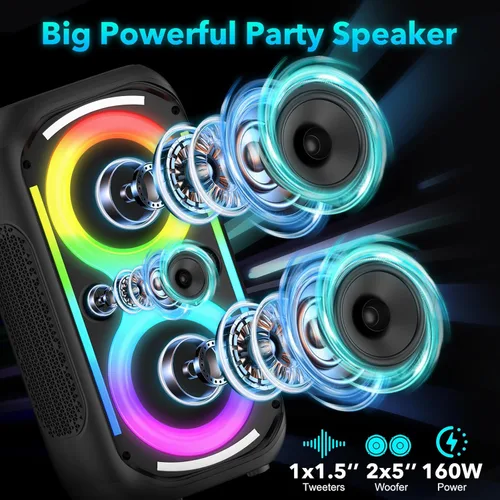 Vista 3 de Altavoz Bluetooth de 160 W, inalámbrico, portátil, portátil, grande, potente, sonido de graves profundos, TWS, altavoces grandes para fiestas