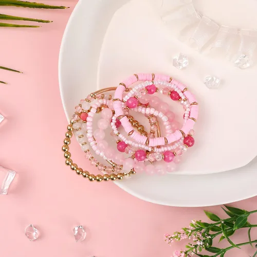 Vista 4 de IDEAJOY Pulseras rosas bohemias de cuentas de varias capas apilables, conjunto de 8 piezas de hebra elástica versátil con cuentas brillantes