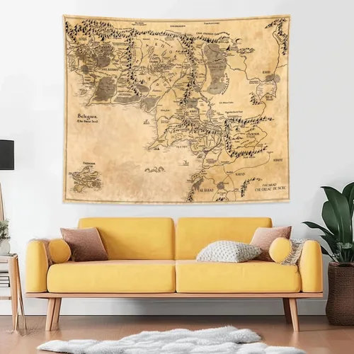 Vista 2 de Tapiz retro de mapa del mundo de la Tierra Media, póster de tela de pergamino de fantasía vintage, mapa antiguo para colgar en la pared