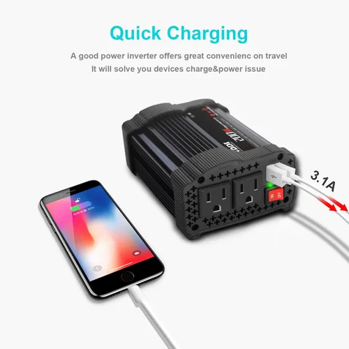 Vista 2 de NDDI 200W Inversor de corriente para automóvil 12V DC a 110V AC con adaptador de cargador USB rápido de 3.1A de doble puerto (Negro) 3.1A Dual USB