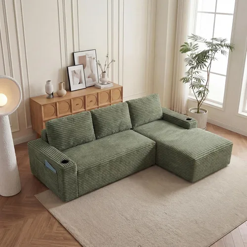 Vista 27 de Sofás seccionales sin hueso en forma de L de 104 pulgadas para sala de estar, cómodo sofá de pana con diván y portavasos, reposabrazos ancho