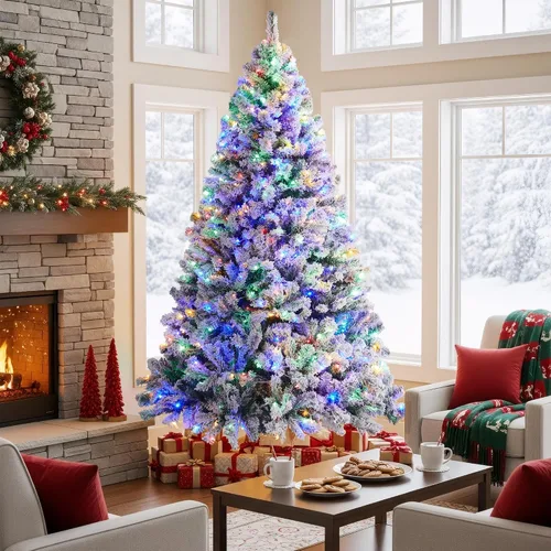 Vista 10 de Yaheetech Árbol de Navidad artificial de abeto preiluminado de 4.5 pies, flocado con nieve, con bisagras, con 100 luces LED multicolor y 340 puntas
