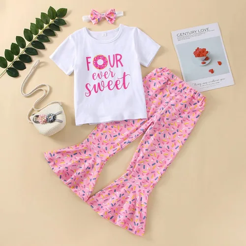 Vista 39 de Conjunto de ropa de cumpleaños para bebé niña pequeña, camiseta de manga larga, pantalones de campana, diadema