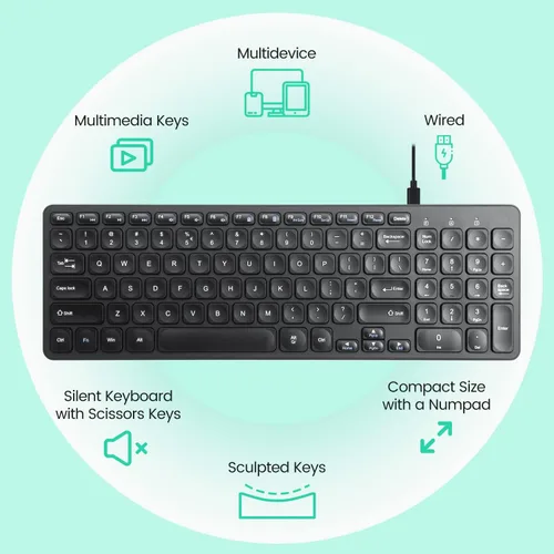 Vista 7 de Perixx PERIBOARD-215B US Teclado con cable - Teclas de tijera ultra delgadas - 2 puertos USB-A y USB-C integrados - Cable desmontable - Negro