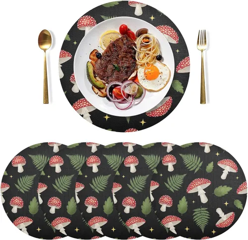 Vista 3 de Red White Mushrooms Place Mats, Heat Resistant Non Slip Dinner Placemats Round for Kitchen one sizex1