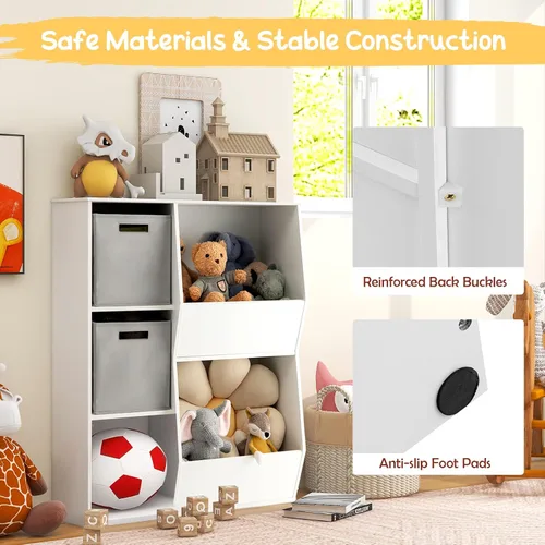 Vista 7 de HONEY JOY Organizador de almacenamiento de juguetes para niños con 5 cubículos, estantería y estantería para niños con 2 cajas de almacenamiento
