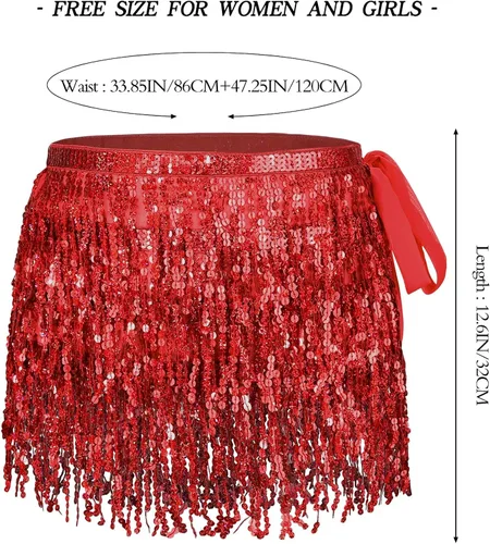 Vista 4 de Belly Dance Skirt Hip Scarf Sequin Fringe Skirt Boho Clothes Tassel Disco Dress Rave Outfits for Women Girl Festival Playsuit