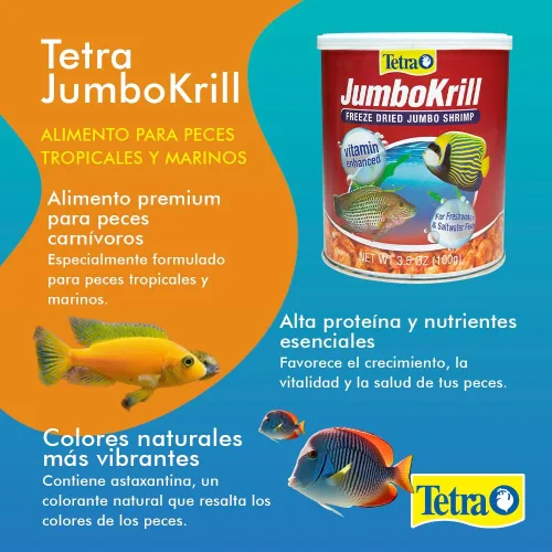 Vista 3 de Tetra JumboKrill - Camarones gigantes liofilizados de 3.5 onzas, golosinas de camarones naturales para peces de acuario, rojo (16198)