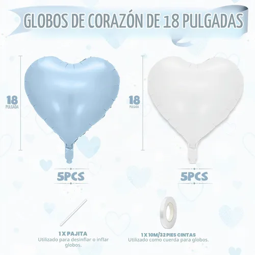Vista 2 de Globos de corazón azul bebé, 10 piezas de globos en forma de corazón azul claro y blanco pastel, globos de papel de aluminio blanco arena crema