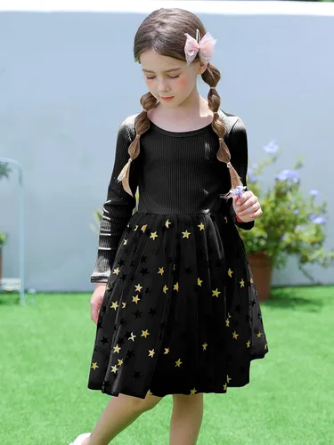 Vista 2 de Vestidos de manga larga tutú para niña, vestido de tul esponjoso para otoño, invierno, rosa y negro, vestidos de 4 a 8 años