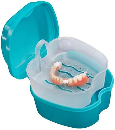 Vista 2 de 3 cajas azules para dentaduras postizas, taza de dentadura con colador, caja de almacenamiento de dientes falsos con soporte para contenedores de red