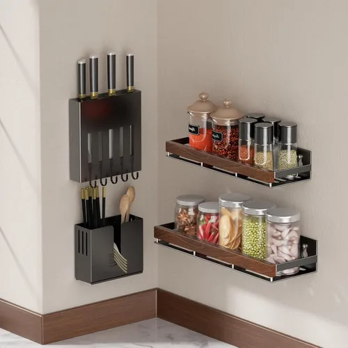 Vista 3 de Organizador magnético de especias de nogal para refrigerador, soporte de pared, estante de especias magnético para refrigerador, organizador