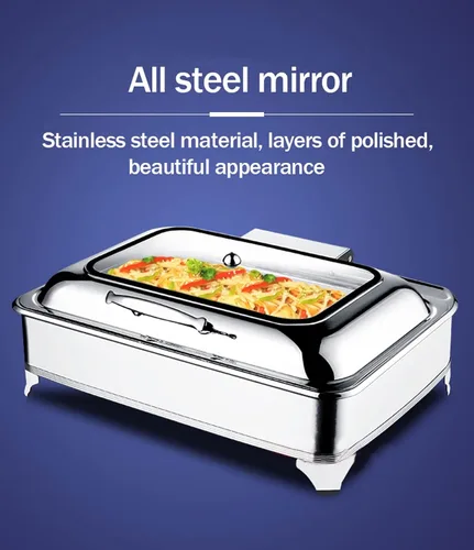 Vista 3 de Calentador de alimentos de 9 litros, juego de bufé rectangular con tapa visible de vidrio y control de temperatura, servidores de buffet