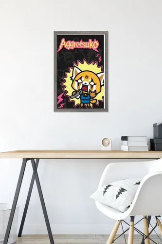 Vista 6 de Trends International Aggretsuko Rock Out - Póster de pared, 22.4 pulgadas de largo x 14.7 pulgadas, versión enmarcada en madera de granero