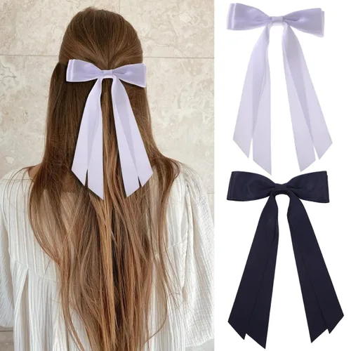 Vista 8 de Seneeel Lazos para el cabello, 2 piezas grandes de lazo doble para mujer, negro, blanco