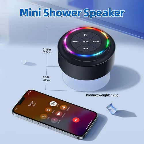 Vista 6 de Altavoz de ducha Bluetooth impermeable IP67, mini altavoz inalámbrico pequeño Bluetooth, altavoz portátil con ventosa, LED y micrófono para baño