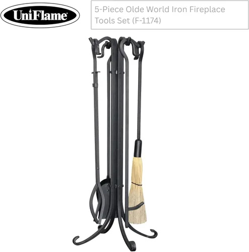 Vista 2 de UniFlame, F-1174 Olde World - Juego de herramientas para chimenea de hierro (5 piezas) con asas pesadas