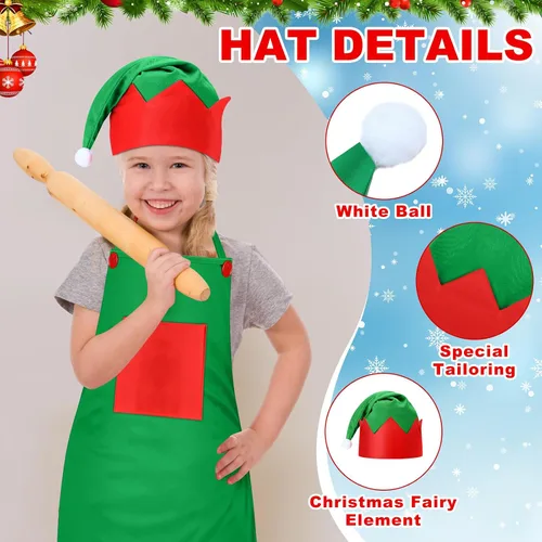 Vista 3 de Handepo - Conjunto de delantal y gorro de elfo navideño para niños, sombreros de Papá Noel para niños, suministros de fiesta navideña para niños