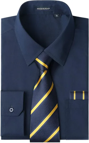 Vista 73 de HISDERN Mens Dress Shirt with Tie Pocket Square Set Classic Button Down Shirt Matching Tie Long Sleeve Shirts 08-verde