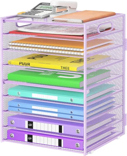 Vista 12 de Cawukege Organizador de papel de 9 niveles con asa, organizador de escritorio de gran capacidad, carpeta de archivos de malla, bandeja de papel