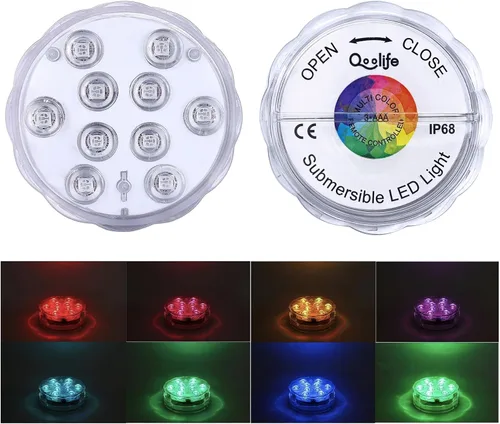 Vista 4 de Qoolife Luces LED sumergibles con control remoto, batería incluida, luz impermeable RGB multicolor cambiante para piscina, base de jarrón, spa