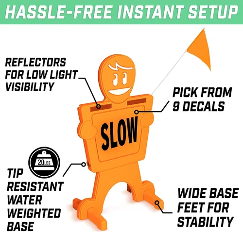 Vista 5 de GoSports Señal de seguridad callejera Slow Down Man! - Letrero de seguridad de 3 pies de alta visibilidad para niños en juego para vecindarios con 9