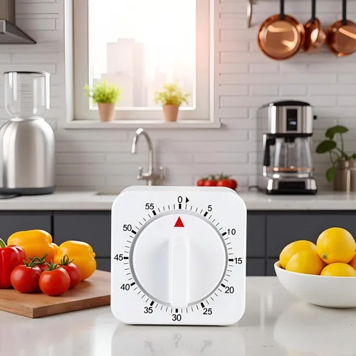 Vista 4 de Reloj con temporizador blanco cuadrado de 60 minutos, temporizador mecánico de cocina, reloj de cocina visual con alarma fuerte, no requiere