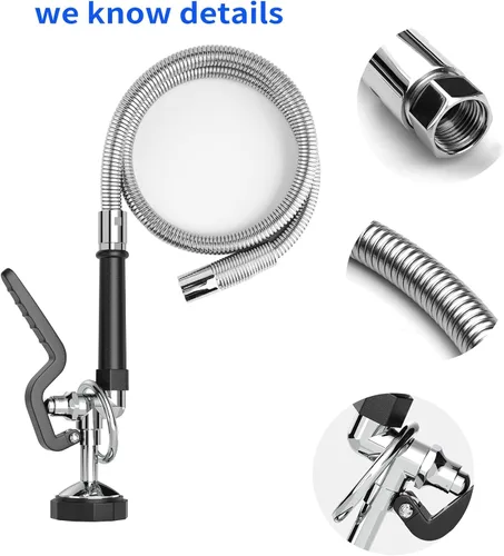 Vista 6 de Pulverizador de fregadero comercial con manguera de acero inoxidable de 45 pulgadas, pulverizador de preenjuague de 1.42 GPM, rociador de platos