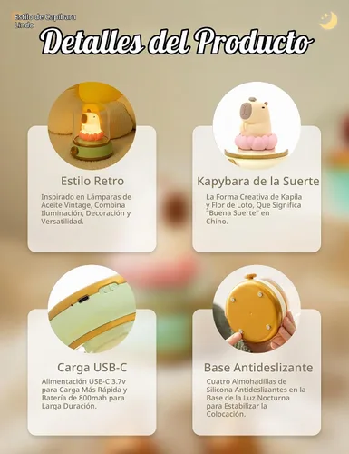 Vista 9 de WANIDEA Luz nocturna Lucky Capybara, bonita lámpara e iluminación acogedora, gira para ajustar el brillo, luz nocturna recargable para niños, regalo
