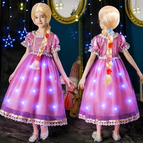 Vista 2 de Tacobear 21 piezas de vestido Rapunzel iluminado para niñas, disfraz de Rapunzel, peluca de Rapunzel, accesorios de princesa, disfraz de Halloween