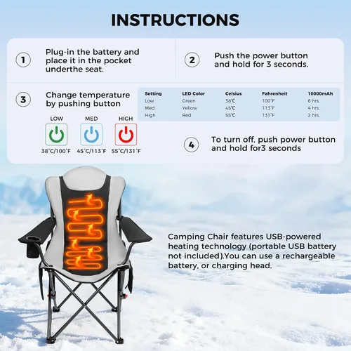 Vista 3 de OUTSIDER - Silla de camping plegable con calefacción de 3 posiciones Heavy Duty 350 Lbs Capacity Camping Chairs with 3 Heat Levels, Cup Holder