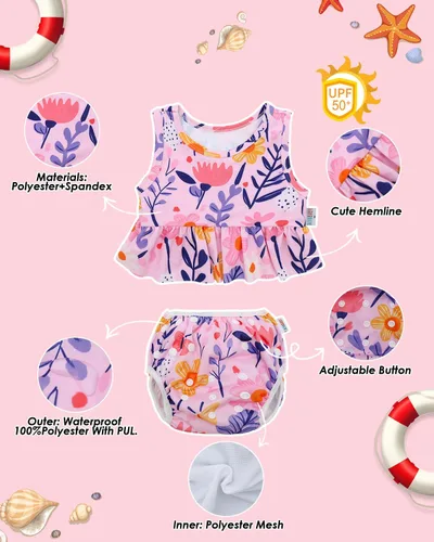Vista 2 de ALVA Toddler Baby Girl Swimsuit,Infant Bathing Sleeveless Bikinis Swimwear,Baby Reusable Swim Diaper with Matching Top