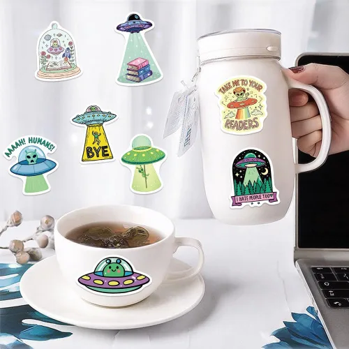 Vista 6 de 50 calcomanías alienígenas ET UFO calcomanías de vinilo impermeables Decoración extraíble reutilizable para botellas de agua, bicicleta