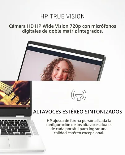 Vista 5 de HP - Laptop Chromebook x360 14a 2 en 1, Intel Pentium Silver N5000, 4 GB RAM, 64 GB eMMC, pantalla HD de 14", Chrome OS, cámara web, micrófonos