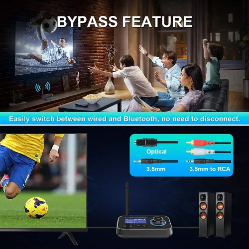 Vista 3 de Transmisor y receptor Bluetooth 5.0 para 2 auriculares, adaptador de audio inalámbrico 2 en 1, transmisor Bluetooth con bypass, baja latencia, largo