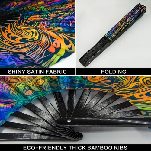 Vista 3 de Ravevibes Ventilador de mano plegable grande de 13 pulgadas, ventilador de bambú para festivales de bambú, ventiladores plegables con brillo UV