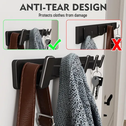 Vista 7 de Perchero de Pared Negro con Ganchos de Pared para Colgar, Ganchos de Puerta Resistente con 5 Ganchos, Soporte para Llaves para Pared, Perchero