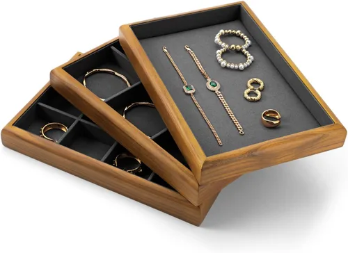 Vista 5 de Oirlv Bandeja Organizadora de Joyas Colgante de Madera Maciza de 12 Rejillas con Forro para Cajón de Joyas (Gris)