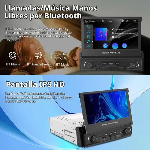 Vista 6 de [Motorizado] Y-METDRIVING estéreo de coche de un solo DIN de 7 pulgadas con pantalla táctil abatible con Apple Carplay inalámbrico y Android Auto