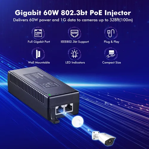 Vista 2 de MokerLink Inyector Gigabit PoE, 802.3af/at/bt 60W, 10/100/1000Mbps Ethernet, Plug & Play, distancia de hasta 328.1 ft (328 pies)